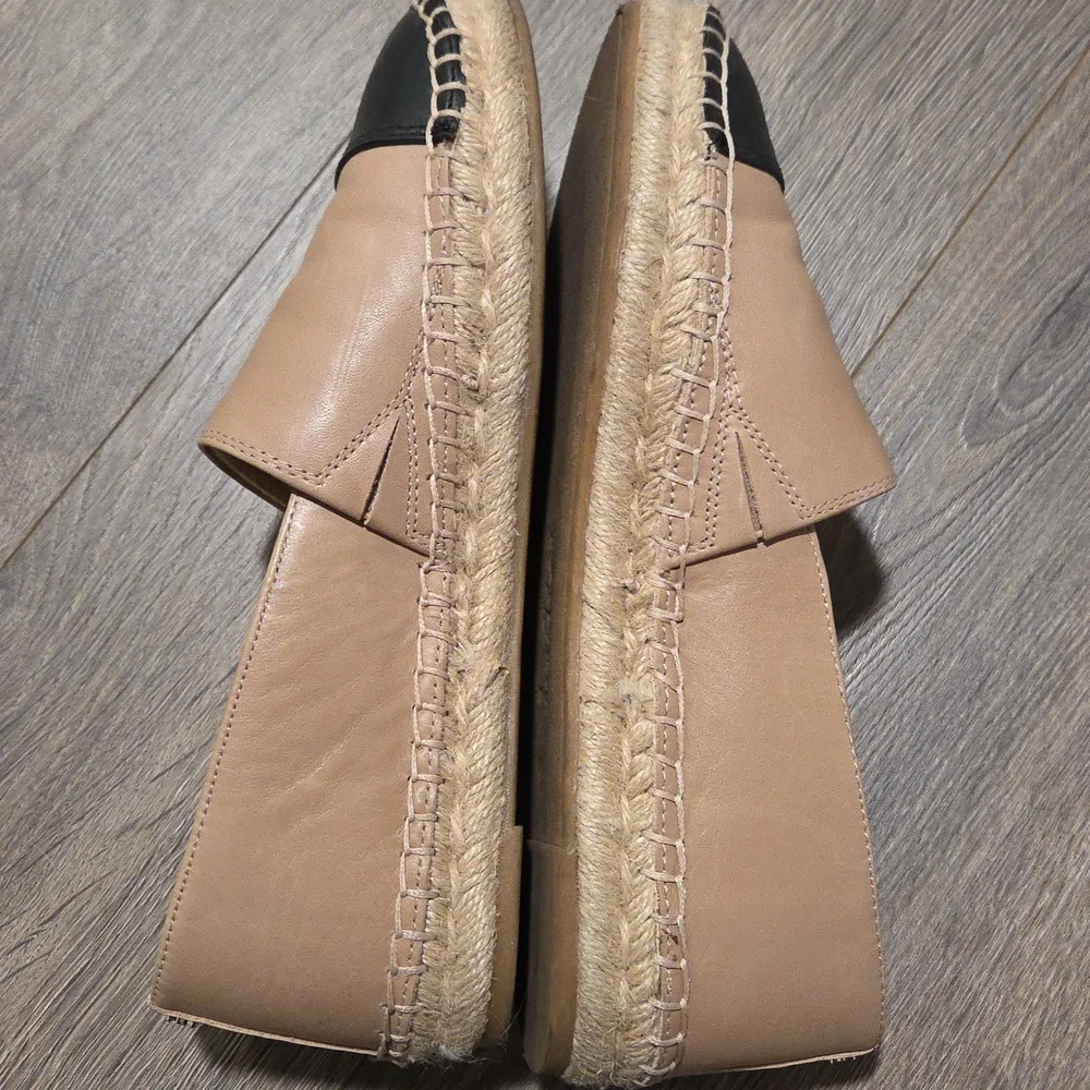 Leather Espadrille Flats in Beige with Black Cap Toe